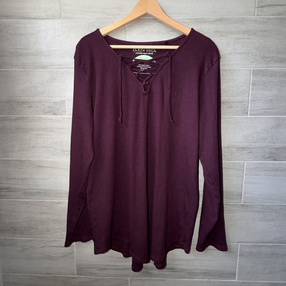 Earth Yoga Top Womens XXL Burgundy Organic Cotton Long Sleeve Pullover Tie Neck